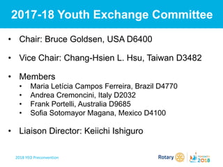 2018 YEO Preconvention
2017-18 Youth Exchange Committee
• Chair: Bruce Goldsen, USA D6400
• Vice Chair: Chang-Hsien L. Hsu, Taiwan D3482
• Members
• Maria Letícia Campos Ferreira, Brazil D4770
• Andrea Cremoncini, Italy D2032
• Frank Portelli, Australia D9685
• Sofia Sotomayor Magana, Mexico D4100
• Liaison Director: Keiichi Ishiguro
 