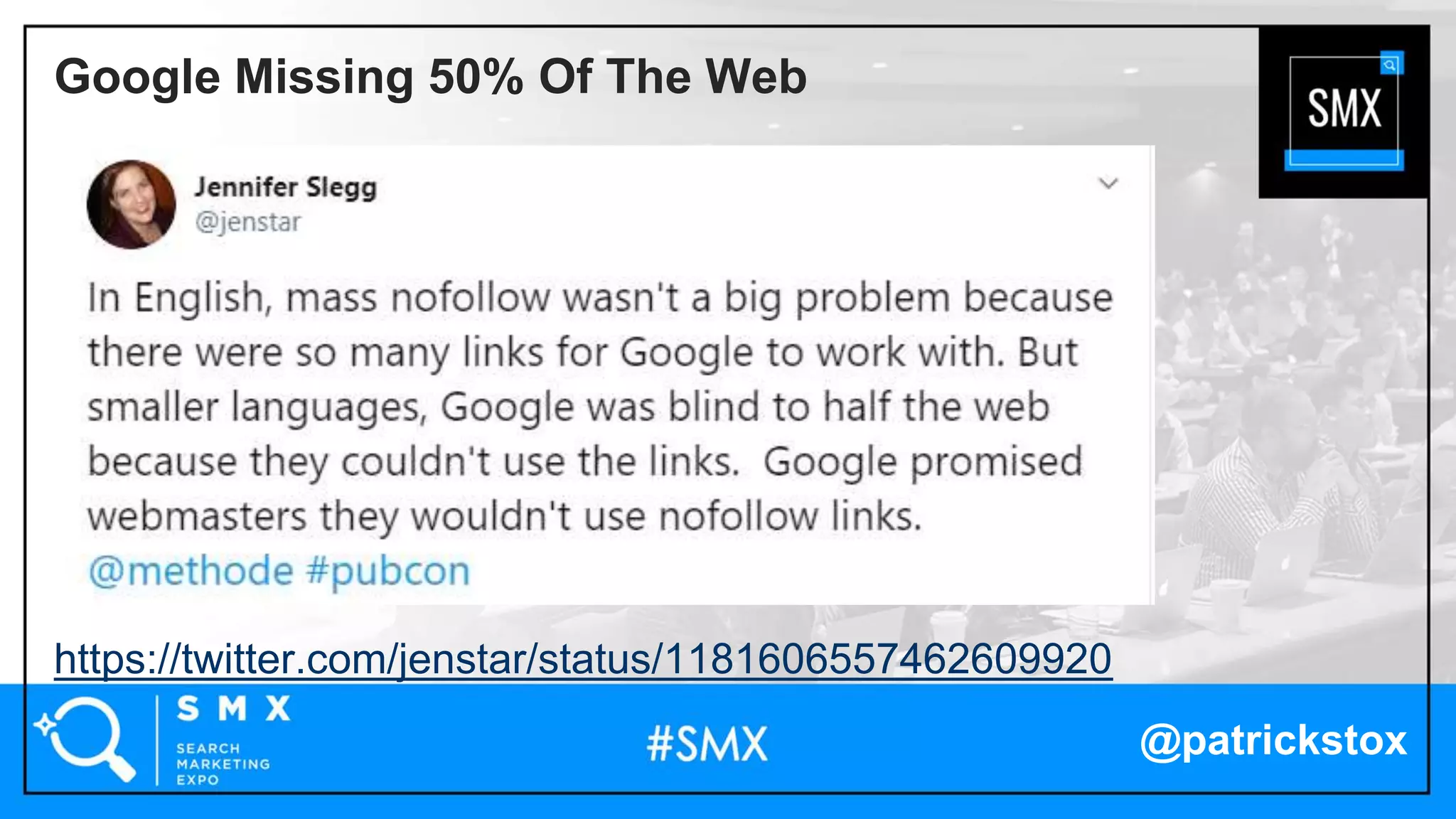 @patrickstox
https://twitter.com/jenstar/status/1181606557462609920
Google Missing 50% Of The Web
 
