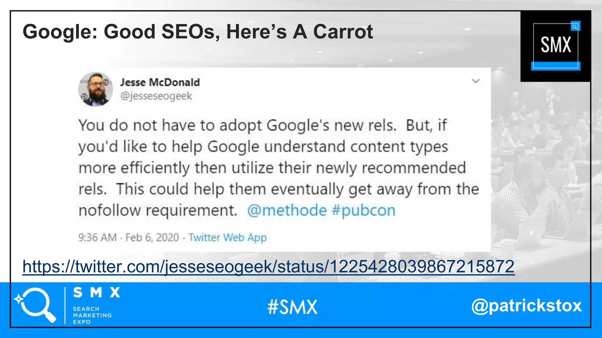 @patrickstox
https://twitter.com/jesseseogeek/status/1225428039867215872
Google: Good SEOs, Here’s A Carrot
 