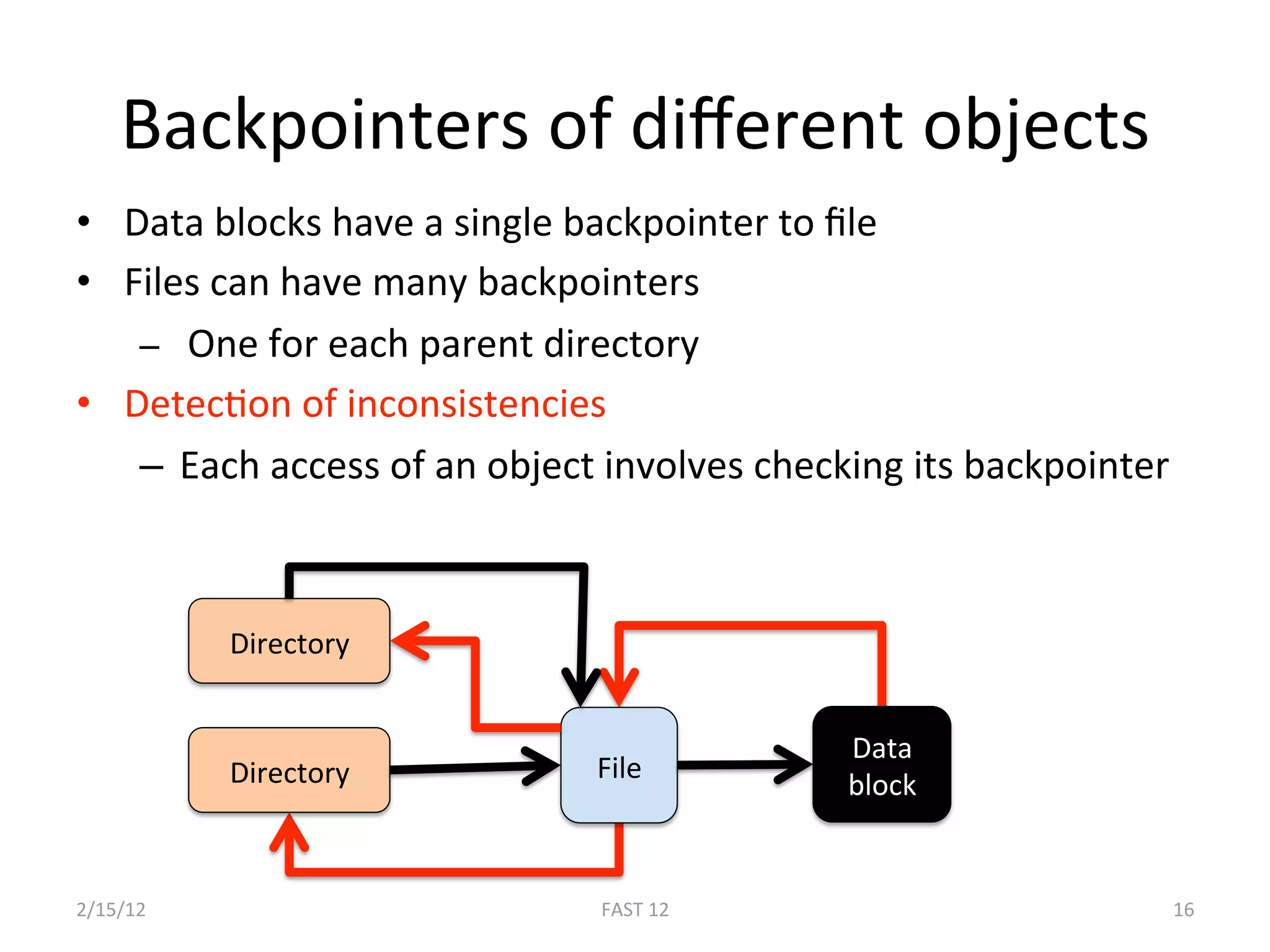 Backpointers of diﬀerent objects 
•  Data blocks have a single backpointer to ﬁle 
•  Files can have many backpointers 
    –   One for each parent directory 
•  DetecBon of inconsistencies 
    –  Each access of an object involves checking its backpointer 



           Directory 


                                              Data 
           Directory           File 
                                              block 


2/15/12                        FAST 12                           16 
 