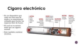  Es un dispositivo que
cada vez esta mas de
moda y es mayormente
utilizado para burlar los
espacios libre de humo
El cual no es menos
malo que un cigarro
normal
Este también contiene
nicotina.