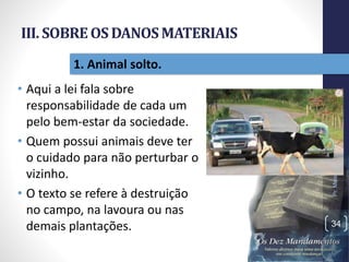 III. SOBREOSDANOSMATERIAIS
• Aqui a lei fala sobre
responsabilidade de cada um
pelo bem-estar da sociedade.
• Quem possui animais deve ter
o cuidado para não perturbar o
vizinho.
• O texto se refere à destruição
no campo, na lavoura ou nas
demais plantações.
Pr.MoisésSampaiodePaula
34
1. Animal solto.
 
