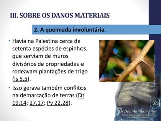 III. SOBREOSDANOSMATERIAIS
• Havia na Palestina cerca de
setenta espécies de espinhos
que serviam de muros
divisórios de propriedades e
rodeavam plantações de trigo
(Is 5.5).
• Isso gerava também conflitos
na demarcação de terras (Dt
19.14; 27.17; Pv 22.28).
Pr.MoisésSampaiodePaula
37
2. A queimada involuntária.
 