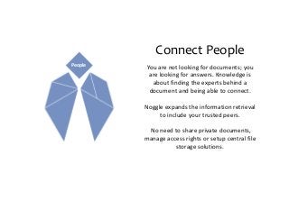 Connect People
You are not looking for documents; you
are looking for answers. Knowledge is
about finding the experts behind a
document and being able to connect.
Noggle expands the information retrieval
to include your trusted peers.
No need to share private documents,
manage access rights or setup central file
storage solutions.
People
 