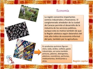 Economía
La región concentra importantes
centros industriales y financieros. El
conglomerado alrededor de la ciudad
de Caracas permite el desarrollo de la
industria de los servicios públicos,
aunque esto es motivo también de que
la Región adolezca según datanalisis del
más alto índice de economía informal
del país, también por la agricultura.
En productos químicos figuran:
cloro, soda, ácidos, sulfatos, gases
industriales, así como también
pinturas, jabones, detergentes,
plásticos, cosméticos, perfumes,
medicamentos, fertilizantes y
otros.
 