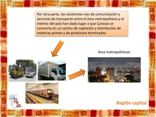 Por otra parte, las excelentes vías de comunicación y
servicios de transporte entre el área metropolitana y el
interior del país han dado lugar a que Caracas se
convierta en un centro de captación y distribución de
materias primas y de productos terminados.
Área metropolitanas
 