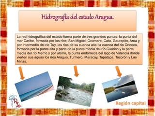 Hidrografía del estado Aragua.
La red hidrográfica del estado forma parte de tres grandes puntas: la punta del
mar Caribe, formada por los ríos; San Miguel, Ocumare, Cata, Gaurapito, Aroa y,
por intermedio del río Tuy, los ríos de su cuenca alta: la cuenca del río Orinoco,
formada por la punta alta y parte de la punta media del río Guárico y la parte
media del río Memo y por último, la punta endorreica del lago de Valencia donde
vierten sus aguas los ríos Aragua, Turmero, Maracay, Tapatapa, Tocorón y Las
Minas.
 