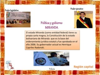 Política y gobierno
MIRANDA
El estado Miranda (como entidad federal) tiene su
propia carta magna, la Constitución de la estado
bolivariano de Miranda que es la base del
ordenamiento jurídico estatal y fue aprobada en el
año 2006. Su gobernador actual es Henrique
Capriles Radonski.
Policía
Poderejecutivo
Poderlegislativo
 