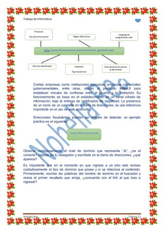Trabajo de Informática
Nohelia Rea Página13
Ciertas empresas como instituciones bancarias, empresas comerciales
gubernamentales, entre otras, utilizan el protocolo https:// para
establecer vínculos de confianza entre el usuario y la institución. Su
funcionamiento se basa en el establecimiento de un canal cifrado de
información, bajo la entrega de certificados de seguridad. La presencia
de un ícono de un candado en la barra de direcciones, es una referencia
importante en el uso de este protocolo.
Direcciones fraudulentas pueden ser difíciles de detectar, un ejemplo
práctico es el siguiente:
Observa cuidadosamente el nivel de dominio que representa “.tk”, ¿es el
correcto? Ingresa en tu navegador y escríbela en la barra de direcciones, ¿qué
aparece?
Es importante que en el momento en que ingrese a un sitio web revises
cuidadosamente el tipo de dominio que posee y si se relaciona el contenido.
Primeramente, escribe las palabras del nombre de dominio en el buscador y
revisa el primer resultado que arroja, ¿concuerda con el link al que ibas a
ingresar?
www.librerianorma.tk
 