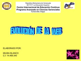 República Bolivariana de Venezuela
M.P.P.P. La Educación Superior

Centro Internacional de Educación Continua
Programa Avanzado en Ciencias Gerenciales
Turmero-Edo. Aragua

ELABORADO POR:
MILBIA BLANCO
C.I: 14.469.340

 