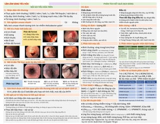 CẬN LÂM SÀNG TIÊU HÓA PHÂN TÍCH KẾT QUẢ DỊCH BÁNG
NỘI SOI TIÊU HÓA TRÊN Chỉ định
1. Nhận diện tổn thương Chẩn đoán
• Báng bụng mới khởi phát.
• Tất cả bệnh nhân đã có báng bụng trước đó,
bất kể nhập viện vì lý do gì.
• Lâm sàng tiến triển xấu.
• Bất thường CLS: BC tăng, suy thận, toan CH.
Điều trị
• Báng bụng gây căng tức khó chịu, suy hô hấp.
• Báng bụng kháng trị/khó chữa
Theo dõi đáp ứng điều trị: Sau 48 giờ điều
trị kháng sinh ở bệnh nhân bị viêm phúc mạc
nhiễm khuẩn nguyên phát.
• Thực quản: bình thường / GERD / viêm / loét / u / dãn TM thquản / rách tâm vị
• Dạ dày: bình thường / viêm / loét / u / dị dạng mạch máu / dãn TM dạ dày
• Tá tràng: bình thường / viêm / loét / u
2. Xét nghiệm urease nhanh Có Không
Nếu test urease nhanh dương tính: bn nhiễm Helicobacter pylori Chống chỉ định – tương đối Biến chứng – rất ít
3. Mô tả u hoặc loét (nếu có) • Bệnh tiêu fibrin nguyên
• Đông máu nội mạch lan tỏa (DIC).
• Tắc ruột, liệt ruột.
• Dính ruột sau mổ.
• Bàng quang căng.
• Vùng da viêm nhiễm, sẹo mổ cũ.
• Tại chỗ: XH, hematoma thành bụng, nhiễm
trùng, rỉ dịch qua vị trí chọc dò.
• Toàn thân: ngất do đau, shock phản vệ do
thuốc gây tê.
• Chọc lượng lớn: RL huyết động, AKI.
• Trong ổ bụng: thủng ruột, rách mạch máu lớn.
• Vị trí ổ loét
• Số lượng
• Kích thước
• Bờ ổ loét
• Phân độ Forrest
Phân độ Forrest
• I: đang chảy máu
• II: vừa chảy máu
• III: có thể chảy máu
1.Phân tích màu sắc 3. Phân nhóm nguyên nhân dịch báng
• Bình thường: vàng trong/rơm/nhạt
• Dịch vàng chanh: lao màng bụng, K màng
bụng  ADA, PCR lao, cell block, sinh thiết MB.
• Dịch trắng như sữa: khi nồng độ TG dịch
báng cao hơn 2 - 8 trong huyết thanh  Dịch dưỡng
trấp: k mùi, phân cách thành 2 lớp nếu để ống XN
vào tủ lạnh, TG > 200mg/dl, thường > 1000mg/dl.
• Dịch đục: hơi trong (BC < 1000/mm3
), như
kính mờ (BC >5000/mm3
), dịch mủ (BC >
50000/mm3)  cấy máu, cấy và nhuộm gram DMB.
• Dịch hồng(HC >10K/mm3)/máu(HC >20K/mm3):
Có cục máu đông nếu do chạm mạch. Dịch đồng
nhất: K gan, K MB, lao MB, viêm tụy XH.
• Dịch nâu: khi nồng độ bilirubin trong dịch báng
cao hơn trong huyết thanh, do vỡ túi mật/thủng ổ
loét tá tràng  đo nồng độ bilirubin dịch báng.
SAAG ≥ 1.1 g/dL SAAG < 1.1 g/dL
Protein ≥ 2.5g/dL Protein < 2.5g/dL Protein ≥ 2.5g/dL Protein < 2.5g/dL
Suy tim
Viêm màng
ngoài tim co thắt
HC Budd-Chiari
(giai đoạn sớm)
Xơ gan
VG do rượu
Suy gan tối cấp
HC Budd-Chiari
(giai đoạn trễ)
K gan thứ phát
Lao màng bụng
K màng bụng
Báng bụng do
tụy
Bệnh mô liên
kết
Hội chứng thận hư
Suy dinh dưỡng
4. Mô tả dãn TM thực quản dạ dày (nếu có) Các yếu tố ảnh hưởng đến kết quả protein dịch báng:
nồng độ protein HT thấp – protein DMB thấp; thuốc lợi
tiểu – tăng protein DMB.
Protein DMB ≤ 1g/dl có nguy cơ cao VPMNKNP.
• Vị trí dãn
• Mức độ dãn
• Dấu hiệu XH
máu phun thành tia,
cục máu đông, nút TC
• Dấu chấm son
4. Đếm tb và thành phần của tb
Trừ 1 BC/750 HC. Trừ 1 BCĐN/250 HC.
BC đơn nhân ưu thế: Lao MB, K MB.
BC đa nhân ưu thế - VPM nhiễm khuẩn?
Phân loại Cale
Độ I: TM dãn nhưng xẹp
khi bơm hơi
Độ II: các cột TM dãn
tách rời nhau và không
xẹp khi bơm hơi
Độ III: các TM dãn liên
kết với nhau không xẹp
khi bơm hơi
Các thể nhiễm trùng báng BCĐaN/mm3 Cấy dịch báng
2.Tính SAAG = Albhthanh – Albdịch báng VPMNK nguyên phát ≥ 250 (+) 1 loại VK
5. Giải thích được mối liên quan giữa tổn thương trên nội soi và bệnh cảnh LS SAAG ≥ 1.1g/dl  dịch do tăng áp cửa
SAAG < 1.1g/dl  dịch không do TAC
Kết quả có thể sai do: Albht < 1.1 g/dL; XN không cùng
lúc; tụt HA, tăng globulin máu – giảm SAAG; dịch
dưỡng trấp – tăng SAAG; báng hỗn hợp
VPMNK nguyên phát, cấy (-) ≥ 250 (-)
Vị trí, phân độ của ổ loét/dãn phù hợp với tính chất, mức độ của XHTH VPMNK thứ phát ≥ 250 (+) nhiều loại VK
6. Đề nghị xử trí tiếp theo từ kết quả nội soi Du khuẩn báng < 250 (+) 1 loại VK
• Chỉ định can thiệp cầm máu qua nội soi
Chỉ định khi tìm được ổ loét nguy cơ cao từ I - IIb, nếu chảy máu quá nhiều không thấy được tổn thương thì
không thể cầm máu qua nội soi (cầm máu nội khoa, chỉ định DSA…
• Sinh thiết tổn thương
Thường không có chỉ định vì ổ loét đang hoạt động, bn đang có nguy cơ chảy máu cao
• Theo dõi tiếp theo – nội soi lại
Không nội soi lại nếu không có XH tiến triển, đã cầm máu qua nội soi và bn đáp ứng điều trị
Nội soi lại nếu tái xuất huyết.
Nội soi lại sau 24-48h hoặc trước khi bn xuất viện nếu nội soi lần 1 chưa tìm được nguyên nhân chảy máu (do
nhiều máu/thức ăn không thấy rõ tổn thương hoặc thấy rõ tổn thương nhưng không phù hợp với chẩn đoán/LS)
Nội soi kiểm tra sau điều trị 8-12 tuần để đánh giá ổ loét, nếu vẫn còn thì phải sinh thiết ổ loét
Chọc vào ruột < 250 (+) nhiều loại VK
5.Các XN chuyên biệt Cần phẫu thuật vùng bụng: Du khuẩn báng
• Bn có triệu chứng nhiễm trùng  Cấy dịch báng, KSĐ
• Glucosedịch = Glucosemáu: XG không biến chứng. Giảm: VPMNKNP, K/lao MB
• LDHdịch/máu = 0.4: XG k biến chứng; = 1: VPMNKNP, > 1: VPMNKTP, thủng ruột, K
LHD dịch báng thấp không loại trừ ung thư
• Ung thư màng bụng: cell block (100% K màng bụng +), sinh thiết màng bụng
• Lao màng bụng: ADA, sinh thiết màng bụng, PCR lao, soi trực tiếp
Dịch dưỡng trấp: Triglycecride. Tụy, túi mật: Amylase. Dịch màu nâu, vàng rơm: Bilirubin.
Suy tim: SA tim. Budd-Chiari: SA Doppler TM gan.
DUONG
KIM
NGAN
 