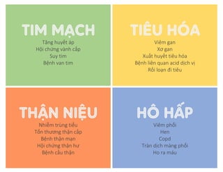 TIM MẠCH
Tăng huyết áp
Hội chứng vành cấp
Suy tim
Bệnh van tim
TIÊU HÓA
Viêm gan
Xơ gan
Xuất huyết tiêu hóa
Bệnh liên quan acid dịch vị
Rối loạn đi tiêu
THẬN NIỆU
Nhiễm trùng tiểu
Tổn thương thận cấp
Bệnh thận mạn
Hội chứng thận hư
Bệnh cầu thận
HÔ HẤP
Viêm phổi
Hen
Copd
Tràn dịch màng phổi
Ho ra máu
 