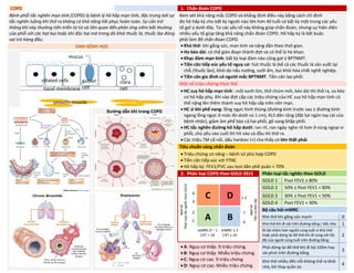COPD 1. Chẩn đoán COPD
Bệnh phổi tắc nghẽn mạn tính (COPD) là bệnh lý hô hấp mạn tính, đặc trưng bởi sự
tắc nghẽn luồng khí thở ra không có khả năng hồi phục hoàn toàn. Sự cản trở
thông khí này thường tiến triển từ từ và liên quan đến phản ứng viêm bất thường
của phổi với các hạt bụi hoặc khí độc hại mà trong đó khói thuốc lá, thuốc lào đóng
vai trò hàng đầu.
Xem xét khả năng mắc COPD và khẳng định điều này bằng cách chỉ định
đo hô hấp ký cho bất kỳ người nào lớn hơn 40 tuổi có bất kỳ một trong các yếu
tố gợi ý dưới đây. Tự các yếu tố này không giúp chẩn đoán, nhưng sự hiện diện
nhiều yếu tố giúp tăng khả năng chẩn đoán COPD. Hô hấp ký là bắt buộc
phải làm để chẩn đoán COPD.
• Khó thở: khi gắng sức, mạn tính và nặng dần theo thời gian.
• Ho kéo dài: có thể gián đoạn thành đợt và có thể là ho khan.
• Khạc đàm mạn tính: bất kỳ loại đàm nào cũng gợi ý BPTNMT.
• Tiền căn tiếp xúc yếu tố nguy cơ: hút thuốc lá (kể cả các thuốc lá sản xuất tại
chỗ /thuốc lào), khói do nấu nướng, sưởi ấm, bụi khói hóa chất nghề nghiệp.
• Tiền căn gia đình có người mắc BPTNMT. Tiền căn lao phổi.
SINH BỆNH HỌC
Một số triệu chứng thực thể
• HC suy hô hấp mạn tính : môi xanh tím, thở chúm môi, kéo dài thì thở ra, co kéo
cơ hô hấp phụ. Khi vào đợt cấp các triệu chứng của HC suy hô hấp mạn tính có
thể nặng lên thêm thành suy hô hấp cấp trên nền mạn.
• HC ứ khí phế nang: lồng ngực hình thùng (đường kính trước sau ≥ đường kính
ngang lồng ngực ở mức đo dưới vú 1 cm), KLS dãn rộng (đặt lọt ngón tay cái của
bệnh nhân), giảm âm phế bào cả hai phổi, gõ vang khắp phổi.
• HC tắc nghẽn đường hô hấp dưới: ran rít, ran ngáy nghe rõ hơn ở vùng ngoại vi
phổi, chủ yếu vào cuối thì hít vào và đầu thì thở ra.
• Các triệu TM cổ nổi, dấu hardzer (+) cho thấy có lớn thất phải.
Đường dẫn khí trong COPD
Tiêu chuẩn vàng chẩn đoán
• Triệu chứng cơ năng – bệnh sử phù hợp COPD
• Tiền căn tiếp xúc với YTNC
• Hô hấp ký: FEV1/FVC sau test dãn phế quản < 70%
2. Phân loại COPD theo GOLD 2015 Phân loại tắc nghẽn theo GOLD
NGUY
CƠ
Phân
loạI
tắc
nghẽn
theo
GOLD
4
3
2
1
≥ 2
1
0
NGUY
CƠ
Tiền
sử
đợt
cấp
GOLD 1 Post FEV1 ≥ 80%
C D
GOLD 2 50% ≤ Post FEV1 < 80%
GOLD 3 30% ≤ Post FEV1 < 50%
GOLD 4 Post FEV1 < 30%
A B
Bộ câu hỏi mMRC
Khó thở khi gắng sức mạnh 0
Khó thở khi đi vội trên đường bằng / dốc nhẹ 1
mMRC 0 – 1
CAT < 10
mMRC ≥ 2
CAT ≥ 10
Đi bộ chậm hơn người cùng tuổi vì khó thở
hoặc phải dừng lại để thở khi đi cùng với tốc
độ của người cùng tuổi trên đường bằng
2
• A: Nguy cơ thấp. Ít triệu chứng.
• B: Nguy cơ thấp. Nhiều triệu chứng.
• C: Nguy cơ cao. Ít triệu chứng.
• D: Nguy cơ cao. Nhiều triệu chứng.
Phải dừng lại để thở khi đi bộ 100m hay
vài phút trên đường bằng
3
Khó thở nhiều đến nỗi không thể ra khỏi
nhà, khi thay quần áo
4
DUONG
KIM
NGAN
 