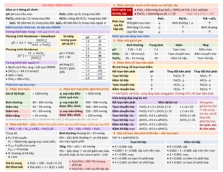 KHÍ MÁU ĐỘNG MẠCH 1. Phân tích tiêu chuẩn chẩn đoán suy hô hấp cấp.
Gồm có 4 thông số chính: Định nghĩa suy
hô hấp cấp
• PaO2 < 60mmHg (hay SaO2 < 90%) với FiO2 ≥ 0.6 và/hoặc
• PaCO2 > 50mmHg và pH < 7.35 hoặc PaO2/FiO2 < 200
pH: pH của mẫu máu PaO2: phân áp O2 trong máu ĐM
PaCO2: phân áp CO2 trong máu ĐM HCO3-: nồng độ HCO3- trong máu ĐM
Phân loại
suy hô
hấp cấp
Loại PaO2 PaCO2 P(A – a)O2
SaO2: độ bão hòa O2 trong máu ĐM, SpO2: độ bão hòa O2 trong máu ngoại vi SHH giảm oxy máu ↓ Bình thường / ↓ ↑
Kiểm tra tính chính xác, tin cậy của KMĐM SHH tăng CO2 máu ↓ ↑ Bình thường
Tương thích bên trong – kết quả chính xác Loại hỗn hợp ↓ ↑ ↑
Phương trình Henderson – Hasselbach So bảng
tương quan
pH và [H+
]
Đánh giá cân bằng toan kiềm
pH = 6.1 + log
[HCO3
−
]
0.03 × PaCO2
2. Phân tích giá trị pH
Bình thường Trung bình Giảm Tăng
Phương trình Henderson
pH = 7.4 khi
[H+
] = 40
pH tăng 0.1
thì [H+
] giảm
20%
pH 7.35 – 7.45 7.4 Toan máu Kiềm máu
[H+] =
24 × PaCO2
[HCO3
−
]
HCO3- 22 – 26 mmol/L 24 Toan chuyển hóa Kiềm chuyển hóa
PaCO2 35 – 45 mmHg 40 Kiềm hô hấp Toan hô hấp
Tương thích bên ngoài khi 3. Nhận định rối loạn tiên phát
• Bệnh cảnh lâm sàng ≈ kết quả KMĐM
• [HCO3-] – RA ≤ 5 mmol/L
• SpO2 ≈ SaO2
• PaO2 < 500 x FiO2
Bù trừ trong rối loạn toan kiềm
Rối loạn tiên phát pH Thay đổi tiên phát Thay đổi thứ phát
Toan hô hấp ↓ PaCO2 ↑ HCO3- ↑
Kiềm hô hấp ↑ PaCO2 ↓ HCO3- ↓
Phân tích oxy hóa máu Toan chuyển hóa ↓ HCO3- ↓ PaCO2 ↓
1. Phân tích PaO2 2. Phân tích PaO2/FiO2 (khi FiO2>21%) Kiềm chuyển hóa ↑ HCO3- ↑ PaCO2 ↑
Sai số kỹ thuật > 100mmHg ↓ oxy máu điều
chỉnh quá mức
> 500mmHg  Khi PaCO2 và HCO3- cùng tăng hoặc cùng giảm: thường chỉ 1 rối loạn tiên phát
Ước lượng đáp ứng bù trừ
Bình thường 80 – 100 mmHg ↓ oxy máu đã
được điều chỉnh
400 – 500 mmHg Rối loạn tiên phát Mức độ bù trừ Không bao
giờ bù trừ dư
 Khi có bù
trừ dư: có rối
loạn tiên
phát thứ hai.
Chỉ phân tích
RL tiên phát.
Giảm nhẹ 60 – 79 mmHg 300 – 399 mmHg Toan chuyển hóa PaCO2 # 1.5 x [HCO3-] + 8 ± 2 và > 10
Giảm vừa 45 – 59 mmHg ↓ oxy máu không
được điều chỉnh
250 – 299 mmHg Kiềm chuyển hóa PaCO2 # 0.7 x [HCO3-] + 21 ± 2 và < 55
Giảm nặng < 45 mmHg < 250 mmHg Toan hô hấp cấp ΔHCO3- # 0.1 x ΔPaCO2 [HCO3-] < 30
Sai số kỹ thuật khi PaO2 > 5 x FiO2 || Thở khí trời: FiO2 = 21%. || Thở canula aL/ph: FiO2 = 20 + 4a (%) Toan hô hấp mạn ΔHCO3- # 0.4 x ΔPaCO2 [HCO3-] < 55
3. Phân tích P(A – a)O2: chênh lệch giữa phân áp oxy phế nang – phân áp oxy ĐM Kiềm hô hấp cấp ΔHCO3- # 0.2 x ΔPaCO2
PAO2 = (PB – PH2O) x FiO2 – PaCO2/R P(A – a)O2 = PAO2 – PaO2 Kiềm hô hấp mạn ΔHCO3- # 0.4 x ΔPaCO2
Trong đó Bình thường khoảng 10 – 20 mmHg 4. Nếu rối loạn tiên phát là hô hấp – cấp hay mạn?
• PB: P khí quyển.
PB = 760mmHg ngang mực nước biển.
• PH2O: P phần hơi nước
PH2O = 47mmHg
• R: thương số hô hấp
R = 0.8
P(A – a)O2 bình thường  cơ chế giảm
oxy máu ngoài phổi.
Với: X = ΔpH/ΔPaCO2
Toan hô hấp Kiềm hô hấp
Tăng: P(A – a)O2 > 20 mmHg • X = 0.008: cấp
• 0.003 < X < 0.008: cấp trên nền mạn
• X = 0.003: mạn
• X > 0.008: có toan CH phối hợp
• X < 0.003: có kiềm CH phối hợp
• X = 0.008: cấp
• 0.003 < X < 0.008: cấp trên nền mạn
• X = 0.003: mạn
• X > 0.008: có kiềm CH phối hợp
• X < 0.003: có toan CH phối hợp
P(A – a)O2 tăng  cơ chế giảm oxy máu
do phổi hoặc do tim (shunt phải – trái)
Giá trị mong
đợi theo tuổi
• PaO2 = 100 – (tuổi x 0.25)
• P(A–a)O2 = 3 + (0.21 x tuổi)
• PaO2/FiO2 < 300: Tổn thương
phổi cấp
• PaO2/FiO2 < 200: suy hô hấp cấp
DUONG
KIM
NGAN
 