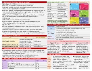 1. Bệnh nhân có bị hội chứng vành cấp hay không? Định vị vùng nhồi máu trên ECG Diễn tiến ECG của STEMI (NMCT ST ↗)
Bệnh sử giúp đến HCVC khi: (đặc điểm của đau thắt ngực không ổn định)
• Đau ngực lúc nghỉ tĩnh và kéo dài, thường là trên 20 phút.
• Đau ngực mới xuất hiện, trước đây không có đau ngực mà đau ngực mới xuất
hiện với cường độ dữ dội, ít nhất là CCS III.
• Đau ngực tăng dần, trước đây được chẩn đoán là cơn đau thắt ngực ổn định, giờ
cơn đau xuất hiện thường hơn, dài hơn, ngưỡng gắng sức xuất hiện thấp hơn
(ít nhất là tăng 1 độ theo phân độ CCS hoặc ít nhất là CCS III).
V1, V2 Vách liên thất
V3, V4 Thành trước thất T
V1 – V4 Trước vách
V5, V6 Thành bên thấp
DI, aVL Thành bên cao
V1-V6, và DI, aVL Vùng trước rộng
TCTT thường ít trong khi TCCN thường rất phong phú. Khám thực thể chủ yếu để
loại trừ các chẩn đoán khác và tìm các biến chứng cơ học của NMCT:
• Rối loạn nhịp
• T3: có nhồi máu rộng và tổn thương cơ tim lan tỏa
• Âm thổi tâm thu: hở van hai lá cấp / dãn thất trái / thông liên thất cấp
• Tiếng cọ màng ngoài tim: chèn ép tim cấp
V7, V8, V9 Thành sau thất T
DII, DIII, aVF Thành dưới thất T
V3R, V4R Thất phải
Xác định khi ST ↗ thỏa tiêu chuẩn ở ít nhất hai
chuyển đạo liên tiếp, có ST ↘ ở chuyển đạo soi
gương, động học ST phù hợp NMCT ST ↗.
Đặc điểm CLS: (chỉ với LS không thể phân biệt đau thắt ngực k ổn định và NMCT)
• ECG: ST chênh lên, ST chênh xuống, sóng T thiếu máu cơ tim, Q hoại tử, block
nhánh trái, lớn thất…
• Men tim: Troponin I, T hoặc CK-MB tăng thỏa tiêu chuẩn chẩn đoán NMCT
• Siêu âm tim: rối loạn vận động vùng, hở van 2 lá, thủng vách liên thất…
• Chụp mạch vành và buồng thất trái có cản quang: xác định chính xác ĐMV bị tắc
5. Nếu là NMCT cấp k ST ↗/ Đau thắt ngực k ổn định: phân tầng nguy cơ
Thang điểm
TIMI
Tuổi từ 65 trở lên
Có từ 3 yếu tố nguy cơ BMV (tiền căn gia đình, THA, tăng
cholesterol máu, ĐTĐ, hút thuốc lá)
Mỗi mục
“có”: 1 điểm
TIMI > 1:
nguy cơ cao
Tiền căn bệnh mạch vành (hẹp từ 50%)
Dùng Aspirin trong 7 ngày trước
2. Hội chứng vành cấp thể nào? Từ 2 cơn đau thắt ngực trong 24 giờ trước
Thể ECG Thay đổi men tim ST thay đổi từ 0,5mm trên điện tâm đồ lúc nhập viện
NMCT cấp ST chênh lên
ST chênh lên và diễn tiến
điện tim thay đổi theo
thời gian phù hợp NMCT
Có động học
Tăng men tim
Phân tầng nguy cơ theo ESC 2018
Nguy cơ rất cao Nguy cơ cao Nguy cơ trung bình
NMCT cấp không ST chênh lên Không có ST chênh lên Có động học RL huyết động, choáng
tim; Đau ngực tái phát/
kháng trị; Ngưng tim/RL
nhịp nguy hiểm; BC cơ
học; Suy tim cấp; Thay đổi
động học ST-T tái diễn
Thay đổi men tim
troponin; Thay đổi động
học ST – T (có triệu
chứng hoặc không);
GRACE > 140.
ĐTĐ/Suy thận. Suy tim
sung huyết/EF < 40%;
tiền căn PCI/CABG; có
triệu chứng TMCB trên
các test không xâm lấn;
GRACE 109 – 140
Đau thắt ngực không ổn định Không có ST chênh lên Không động học
3. Thời gian từ lúc khởi phát HCVC đến lúc chẩn đoán
• Thời điểm khởi phát HCVC được tính từ lúc bn khởi phát triệu chứng đau ngực.
• Nếu triệu chứng đau ngực kéo dài, thời điểm khởi phát HCVC là từ khi đau ngực
thay đổi tính chất: đau tăng, kéo dài hơn…
• Có thể dựa vào ECG và men tim để gợi ý thời điểm khởi phát HCVC.
• Nếu trong vòng ngày đầu, chẩn đoán cần ghi rõ giờ thứ mấy.
6.Chẩn đoán biến chứng
Biến
chứng
cấp
• Rối loạn nhịp: nhịp nhanh, nhịp
chậm, ngoại tâm thu, rối loạn dẫn
truyền, rung nhĩ, rung thất…
• Suy bơm: phù phổi cấp, suy tim cấp,
choáng (SHH, tụt HA)…
• Cơ học: thủng vách liên thất,
vỡ thành tự do, hở 2 lá cấp,
chèn ép tim cấp
• Viêm màng ngtim, huyết khối,
thuyên tắc, NMCT tái phát
4. Nếu là NMCT cấp ST chênh lên: Định vị vùng nhồi máu. Phân độ Killip
Độ Killip Lâm sàng Tỉ lệ tử vong 30 ngày
I Lâm sàng bình thường 5.1%
II Có ran ẩm < ½ phổi, TM cổ nổi, có thể có Gallop T3 13.6% Biến
chứng
muộn
• Phình vách thất: ST ↗ sau 1 tháng NMCT
• RL nhịp nhanh thất, EF giảm
• Hội chứng Dressler: BC tăng, tràn dịch MNTim
• HC vai – bàn tay:
viêm kèm xơ hóa
quanh khớp bên T
III Phù phổi cấp 32.2%
IV Choáng tim 57.8%
Grace chính xác hơn TIMI
nhưng cần đánh bảng hoặc app.
DUONG
KIM
NGAN
DUONG
KIM
NGAN
 