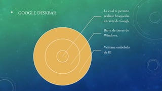 • GOOGLE DESKBAR La cual te permite
realizar búsquedas
a través de Google
Barra de tareas de
Windows,
Ventana embebida
de IE
 