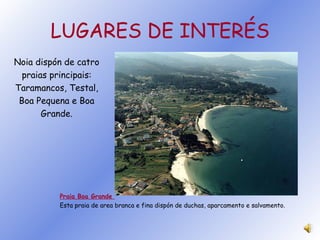 LUGARES DE INTERÉS Noia dispón de catro praias principais: Taramancos, Testal, Boa Pequena e Boa Grande. Praia Boa Grande  Esta praia de area branca e fina dispón de duchas, aparcamento e salvamento. 
