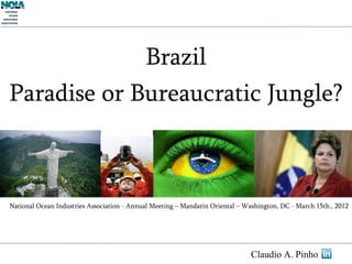 Brazil
Paradise or Bureaucratic Jungle?



National Ocean Industries Association - Annual Meeting – Mandarin Oriental – Washington, DC - March 15th., 2012




                                                                               Claudio A. Pinho
 