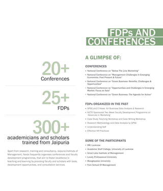 FDPs ORGANIZED IN THE PAST
SPSS and E-Views for Business Data Analysis & Research
AICTE Sponsored Two Week Faculty Development Programme on
‘Advances in Marketing’
Case Study Teaching Workshop and Case Writing Workshop
Research Methodology and Data Analysis by SPSS
Understanding Self
Effective HR Practices
?
?
?
?
?
?
SOME OF THE PARTICIPANTS
IIM, Lucknow
Academic Staff College, University of Lucknow
Great Lake Institute of Management
Lovely Professional University
Manglayatan University
Fore School Of Management
?
?
?
?
?
?
FDPs AND
CONFERENCES
Apart from research, training and consultancy, Jaipuria Institute of
Management, Noida frequently organises conferences and faculty
development programmes, that aim to foster excellence in
teaching and learning by providing faculty and scholars with tools,
development opportunities, and consultation services.
25+FDPs
20+Conferences
300+academicians and scholars
trained from Jaipuria
CONFERENCES
National Conference on "Below The Line Marketing"
National Conference on "Management Challenges in Emerging
Economies: Past Present & Future”
National Conference on "Green Business- Benefits, Challenges &
Opportunities"
?National Conference on "Opportunities and Challenges in Emerging
Market: Focus on Asia"
?National Conference on "Green Business: The Agenda for Action”
?
?
?
A GLIMPSE OF:
 
