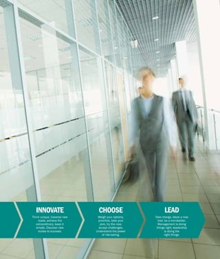 Think unique, traverse new
roads, achieve the
extraordinary, keep it
simple. Discover new
routes to success.
INNOVATE
Weigh your options,
prioritize, take your
pick, try the new,
accept challenges.
Understand the power
of risk-taking.
CHOOSE
Take charge, blaze a new
trail, be a trendsetter.
Management is doing
things right, leadership
is doing the
right things.
LEAD
 
