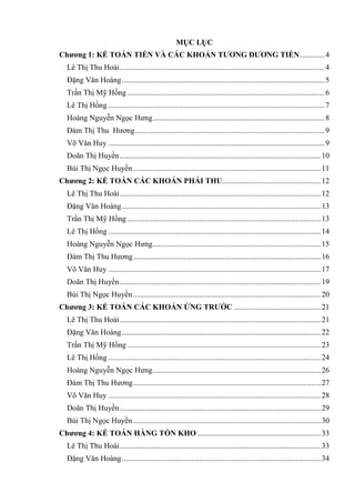 MỤC LỤC
Chƣơng 1: KẾ TOÁN TIỀN VÀ CÁC KHOẢN TƢƠNG ĐƢƠNG TIỀN ............. 4
Lê Thị Thu Hoài .......................................................................................................... 4
Đặng Văn Hoàng ......................................................................................................... 5
Trần Thị Mỹ Hồng ...................................................................................................... 6
Lê Thị Hồng ................................................................................................................ 7
Hoàng Nguyễn Ngọc Hưng ......................................................................................... 8
Đàm Thị Thu Hương .................................................................................................. 9
Võ Văn Huy ................................................................................................................ 9
Doãn Thị Huyền ........................................................................................................ 10
Bùi Thị Ngọc Huyền ................................................................................................. 11
Chƣơng 2: KẾ TOÁN CÁC KHOẢN PHẢI THU................................................... 12
Lê Thị Thu Hoài ........................................................................................................ 12
Đặng Văn Hoàng ....................................................................................................... 13
Trần Thị Mỹ Hồng .................................................................................................... 13
Lê Thị Hồng .............................................................................................................. 14
Hoàng Nguyễn Ngọc Hưng ....................................................................................... 15
Đàm Thị Thu Hương ................................................................................................. 16
Võ Văn Huy .............................................................................................................. 17
Doãn Thị Huyền ........................................................................................................ 19
Bùi Thị Ngọc Huyền ................................................................................................. 20
Chƣơng 3: KẾ TOÁN CÁC KHOẢN ỨNG TRƢỚC ............................................. 21
Lê Thị Thu Hoài ........................................................................................................ 21
Đặng Văn Hoàng ....................................................................................................... 22
Trần Thị Mỹ Hồng .................................................................................................... 23
Lê Thị Hồng .............................................................................................................. 24
Hoàng Nguyễn Ngọc Hưng ....................................................................................... 26
Đàm Thị Thu Hương ................................................................................................. 27
Võ Văn Huy .............................................................................................................. 28
Doãn Thị Huyền ........................................................................................................ 29
Bùi Thị Ngọc Huyền ................................................................................................. 30
Chƣơng 4: KẾ TOÁN HÀNG TỒN KHO ................................................................ 33
Lê Thị Thu Hoài ........................................................................................................ 33
Đặng Văn Hoàng ....................................................................................................... 34

 