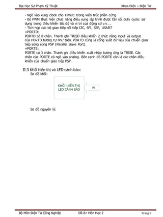 Đại Học Sư Phạm Kỹ Thuật Khoa Điện – Điện Tử
Bộ Môn Điện Tử Công Nghiệp Đồ Án Môn Học 2 Trang 9
- Ngõ vào xung clock cho Timer1 trong kiến trúc phần cứng
- Bộ PWM thực hiện chức năng điều xung lập trình được tần số, duty cycle: sử
dụng trong điều khiển tốc độ và vị trí của động cơ v.v….
- Tích hợp các bộ giao tiếp nối tiếp I2C, SPI, SSP, USART
+PORTD:
PORTD có 8 chân. Thanh ghi TRISD điều khiển 2 chức năng input và output
của PORTD tương tự như trên. PORTD cũng là cổng xuất dữ liệu của chuẩn giao
tiếp song song PSP (Parallel Slave Port).
+PORTE:
PORTE có 3 chân. Thanh ghi điều khiển xuất nhập tương ứng là TRISE. Các
chân của PORTE có ngõ vào analog. Bên cạnh đó PORTE còn là các chân điều
khiển của chuẩn giao tiếp PSP.
II.3 Khối hiển thị và LED cảnh báo:
Sơ đồ khối:
KHỐI HIỂN THỊ
LED CẢNH BÁO
IN
Sơ đồ nguyên lý:
 