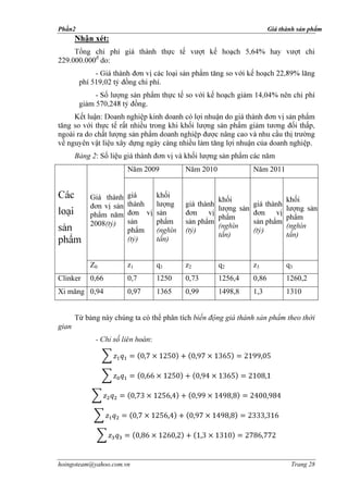 Phần2                                                                            Giá thành sản phẩm
                  :

229.000.000đ do:
             -
                                           .
             -
                                   .

tăng

                                                                                                .
       Bảng 2: Số liệu giá thành đơn vị và khối lượng sản phẩm các năm
                          Năm 2009                  Năm 2010            Năm 2011




l
           2008       )
                                                         )                   )
                                                                    )                       )
                               )                )


           Z0             z1               q1       z2         q2       z3             q3
Clinker    0,66           0,7              1250     0,73       1256,4   0,86           1260,2
Xi măng 0,94              0,97             1365     0,99       1498,8   1,3            1310


       Từ bảng này chúng ta có thể phân tích biến động giá thành sản phẩm theo thời
gian
             -                         :




hoingoteam@yahoo.com.vn                                                                 Trang 28
 