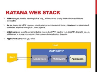 KATANA WEB STACK
 Host manages process lifetime (start & stop), it could be IIS or any other custom/standalone
executable.
 Server listens for HTTP requests, constructs the environment dictionary, Startups the application &
processes requests through an OWIN pipeline.
 Middleware are specific components that runs in the OWIN pipeline (e.g. WebAPI, SignalR, etc.). A
middleware is simply a component that exposes the application delegate.
 Application is the code you write!
client
Host
OWIN Server
Middleware Middleware Application
 