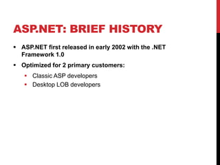 ASP.NET: BRIEF HISTORY
 ASP.NET first released in early 2002 with the .NET
Framework 1.0
 Optimized for 2 primary customers:
 Classic ASP developers
 Desktop LOB developers
 
