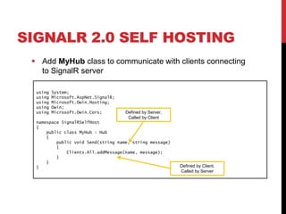 SIGNALR 2.0 SELF HOSTING
 Add MyHub class to communicate with clients connecting
to SignalR server
using System;
using Microsoft.AspNet.SignalR;
using Microsoft.Owin.Hosting;
using Owin;
using Microsoft.Owin.Cors;
namespace SignalRSelfHost
{
public class MyHub : Hub
{
public void Send(string name, string message)
{
Clients.All.addMessage(name, message);
}
}
}
Defined by Server,
Called by Client
Defined by Client,
Called by Server
 