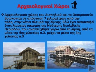 Αρχαιολογικοί Χϊροι
Αρχαιολογικόσ χϊροσ του Διςπθλιοφ και το Οικομουςείο βρίςκονται ςε απόςταςθ 7 χιλιομζτρων από τθν
πόλθ, ςτθν νότια πλευρά τθσ λίμνθσ. Εδϊ ζχει αναςκαφεί
ζνασ λιμναίοσ οικιςμόσ τθσ Νεότερθσ Νεολικικισ
Περιόδου, που αναπτφχκθκε γφρω από τθ λίμνθ, από τα
μζςα τθσ 6θσ χιλιετίασ π.Χ. μζχρι τα μζςα τθσ 4θσ
χιλιετίασ π.Χ

 