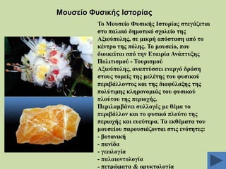 Μνπζείν Φπζηθήο Ηζηνξίαο
Σν Μνπζείν Φπζηθήο Ηζηνξίαο ζηεγάδεηαη
ζην παιαηό δεκνηηθό ζρνιείν ηεο
Αμηνύπνιεο, ζε κηθξή απόζηαζε από ην
θέληξν ηεο πόιεο. Σν κνπζείν, πνπ
δηνηθείηαη ζπό ηελ Δηαηξία Αλάπηπμεο
Πνιηηηζκνύ - Σνπξηζκνύ
Αμηνύπνιεο, αλαπηύζζεη ελεξγό δξάζε
ζηνπο ηνκείο ηεο κειέηεο ηνπ θπζηθνύ
πεξηβάιινληνο θαη ηεο δηαθύιαμεο ηεο
πνιύηηκεο θιεξνλνκηάο ηνπ θπζηθνύ
πινύηνπ ηεο πεξηνρήο.
Πεξηιακβάλεη ζπιινγέο κε ζέκα ην
πεξηβάιινλ θαη ην θπζηθό πινύην ηεο
πεξηνρήο θαη επεύηεξα. Σα εθζέκαηα ηνπ
κνπζείνπ παξνπζηάδνληαη ζηηο ελόηεηεο:
- βνηαληθή
- παλίδα
- γεσινγία
- παιαηνληνινγία
- πεηξώκαηα & νξπθηνινγία

 