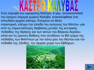 ΢ηελ θνξπθή ηνπ πςψκαηνο Kάζηξν, 4 ρικ. λνηηναλαηνιηθά
ηνπ έξεκνπ ζήκεξα ρσξηνχ Kαιχβα, αλαθαιχθζεθε έλα
ζπνπδαίν αξραίν θάζηξν. Kηηζκέλν ζε ζέζε
ζηξαηεγηθή, ειέγρεη ηελ είζνδν ηνπ απιψλνο ηνπ Nέζηνπ -κία
απφ ηηο ζεκαληηθφηεξεο δηαβάζεηο κεηαμχ ηεο θεληξηθήο
πεδηάδαο ηεο Θξάθεο θαη ησλ αθηψλ ηνπ Bφξεηνπ Aηγαίνπαιιά θαη ηηο νξεηλέο δηφδνπο πνπ ζπλδένπλ ην BA ηκήκα ηεο
πεδηάδαο ησλ Φηιίππσλ κε ηνλ θάησ ξνπ ηνπ Nέζηνπ θαη ηελ
πεδηάδα ηεο Ξάλζεο, ηελ αξραία ρψξα ησλ Aβδήξσλ.

 
