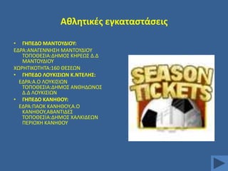 Ακλθτικζσ εγκαταςτάςεισ
• ΓΘΠΕΔΟ ΜΑΝΣΟΤΔΙΟΤ:
ΕΔΡΑ:ΑΝΑΓΕΝΝΗ΢Η ΜΑΝΣΟΤΔΙΟΤ
ΣΟΠΟΘΕ΢ΙΑ:ΔΗΜΟ΢ ΚΗΡΕΩ΢ Δ.Δ
ΜΑΝΣΟΤΔΙΟΤ
ΧΩΡΗΣΙΚΟΣΗΣΑ:160 ΘΕ΢ΕΩΝ
• ΓΘΠΕΔΟ ΛΟΤΚΙ΢ΙΩΝ Κ.ΝΣΕΛΘ΢:
ΕΔΡΑ:A.O ΛΟΤΚΙ΢ΙΩΝ
ΣΟΠΟΘΕ΢ΙΑ:ΔΗΜΟ΢ ΑΝΘΗΔΩΝΟ΢
Δ.Δ ΛΟΤΚΙ΢ΙΩΝ
• ΓΘΠΕΔΟ ΚΑΝΘΘΟΤ:
ΕΔΡΑ:ΠΑΟΚ ΚΑΝΗΘΟΤ,Α.Ο
ΚΑΝΗΘΟΤ,ΑΒΑΝΣΙΔΕ΢
ΣΟΠΟΘΕ΢ΙΑ:ΔΗΜΟ΢ ΧΑΛΚΙΔΕΩΝ
ΠΕΡΙΟΧΗ ΚΑΝΗΘΟΤ

 