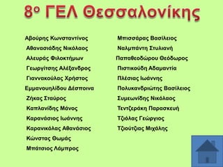 Αβνύξεο Κσλζηαληίλνο

Μπηζζάξαο Βαζίιεηνο

Αζαλαζηάδεο Νηθόιανο

Ναικπάληε ΢ηπιηαλή

Αιεπξάο Φηινθηήκσλ

Παπαζενδώξνπ Θεόδσξνο

Γεσξγίηζεο Αιέμαλδξνο

Πηζηηθνύδε Αδακαληία

Γηαλλαθνύιαο Υξήζηνο

Πιέζηαο Ησάλλεο

Δκκαλνπειίδνπ Γέζπνηλα

Πνιπθαλδξηώηεο Βαζίιεηνο

Εήθαο ΢ηαύξνο

΢πκεσλίδεο Νηθόιανο

Καπιαλίδεο Μάλνο

Σεληδεξάθε Παξαζθεπή

Καξαλάζηνο Ησάλλεο

Σδηόιαο Γεώξγηνο

Καξαληθόιαο Αζαλάζηνο

Σδηνύηδηαο Μηράιεο

Κώλζηαο Θσκάο

Μπάηζηνο Λάκπξνο

 