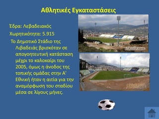 Ακλθτικζσ Εγκαταςτάςεισ
Ζδρα: Λεβαδειακόσ
Χωρθτικότθτα: 5.915
Σο Δθμοτικό ΢τάδιο τθσ
Λιβαδειάσ βριςκόταν ςε
απογοθτευτικι κατάςταςθ
μζχρι το καλοκαίρι του
2005, όμωσ θ άνοδοσ τθσ
τοπικισ ομάδασ ςτθν Α'
Εκνικι ιταν θ αιτία για τθν
αναμόρφωςθ του ςταδίου
μζςα ςε λίγουσ μινεσ.

 