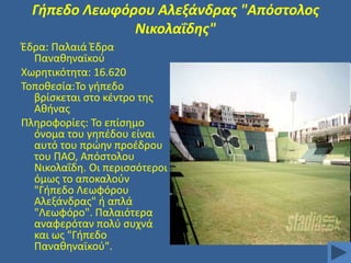 Γήπεδο Λεωφόρου Αλεξάνδρασ "Απόςτολοσ
Νικολαΐδησ"
Ζδρα: Παλαιά Ζδρα
Πανακθναϊκοφ
Χωρθτικότθτα: 16.620
Σοποκεςία:Σο γιπεδο
βρίςκεται ςτο κζντρο τθσ
Ακινασ
Πλθροφορίεσ: Σο επίςθμο
όνομα του γθπζδου είναι
αυτό του πρϊθν προζδρου
του ΠΑΟ, Απόςτολου
Νικολαΐδθ. Οι περιςςότεροι
όμωσ το αποκαλοφν
"Γιπεδο Λεωφόρου
Αλεξάνδρασ" ι απλά
"Λεωφόρο". Παλαιότερα
αναφερόταν πολφ ςυχνά
και ωσ "Γιπεδο
Πανακθναϊκοφ".

 