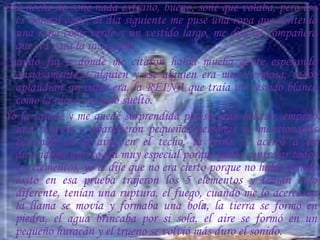 Esa noche no soñé nada extraño, bueno, soñé que volaba, pero eso es normal ¿no?, al día siguiente me puse una ropa que contenía una capa color verde y un vestido largo, me dijo mi compañera que era para la iniciación.Cuando fui a donde me citaron había mucha gente esperando ansiosamente a alguien y ese alguien era muy hermosa, todos aplaudían sin parar era, la REINA que traía un vestido blanco como la nieve y el pelo suelto.Yo la saludé y me quedé sorprendida por su gran belleza, empezó una canción y aparecieron pequeñas personas ya mencionadas bailando en el aire, en el techo, la reina se acercó a mí diciéndome que yo era muy especial porque podía controlar todos los elementos, yo le dije que no era cierto porque no había tenido éxito en esa prueba trajeron los 5 elementos y tenían algo diferente, tenían una ruptura, el fuego, cuando me lo acercaron la llama se movía y formaba una bola, la tierra se formó en piedra, el agua brincaba por si sola, el aire se formó en un pequeño huracán y el trueno se volvió más duro el sonido.