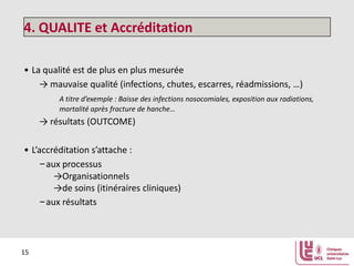 4. QUALITE et Accréditation
• La qualité est de plus en plus mesurée
→ mauvaise qualité (infections, chutes, escarres, réadmissions, …)
A titre d’exemple : Baisse des infections nosocomiales, exposition aux radiations,
mortalité après fracture de hanche…

→ résultats (OUTCOME)
• L’accréditation s’attache :
–aux processus
→Organisationnels
→de soins (itinéraires cliniques)
–aux résultats

15

 