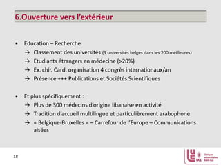 Opportunités de Collaboration
6.Ouverture vers l’extérieur
• Education – Recherche
→ Classement des universités (3 universités belges dans les 200 meilleures)
→ Etudiants étrangers en médecine (>20%)
→ Ex. chir. Card. organisation 4 congrès internationaux/an
→ Présence +++ Publications et Sociétés Scientifiques
• Et plus spécifiquement :
→ Plus de 300 médecins d’origine libanaise en activité
→ Tradition d’accueil multilingue et particulièrement arabophone
→ « Belgique-Bruxelles » – Carrefour de l’Europe – Communications
aisées

18

 