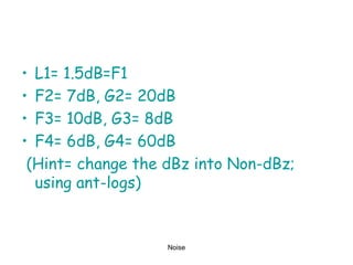 • L1= 1.5dB=F1
• F2= 7dB, G2= 20dB
• F3= 10dB, G3= 8dB
• F4= 6dB, G4= 60dB
(Hint= change the dBz into Non-dBz;
using ant-logs)
Noise
 