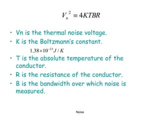 Noise
KTBR
Vn 4
2

• Vn is the thermal noise voltage.
• K is the Boltzmann’s constant.
• T is the absolute temperature of the
conductor.
• R is the resistance of the conductor.
• B is the bandwidth over which noise is
measured.
K
J /
10
38
.
1 23


 
