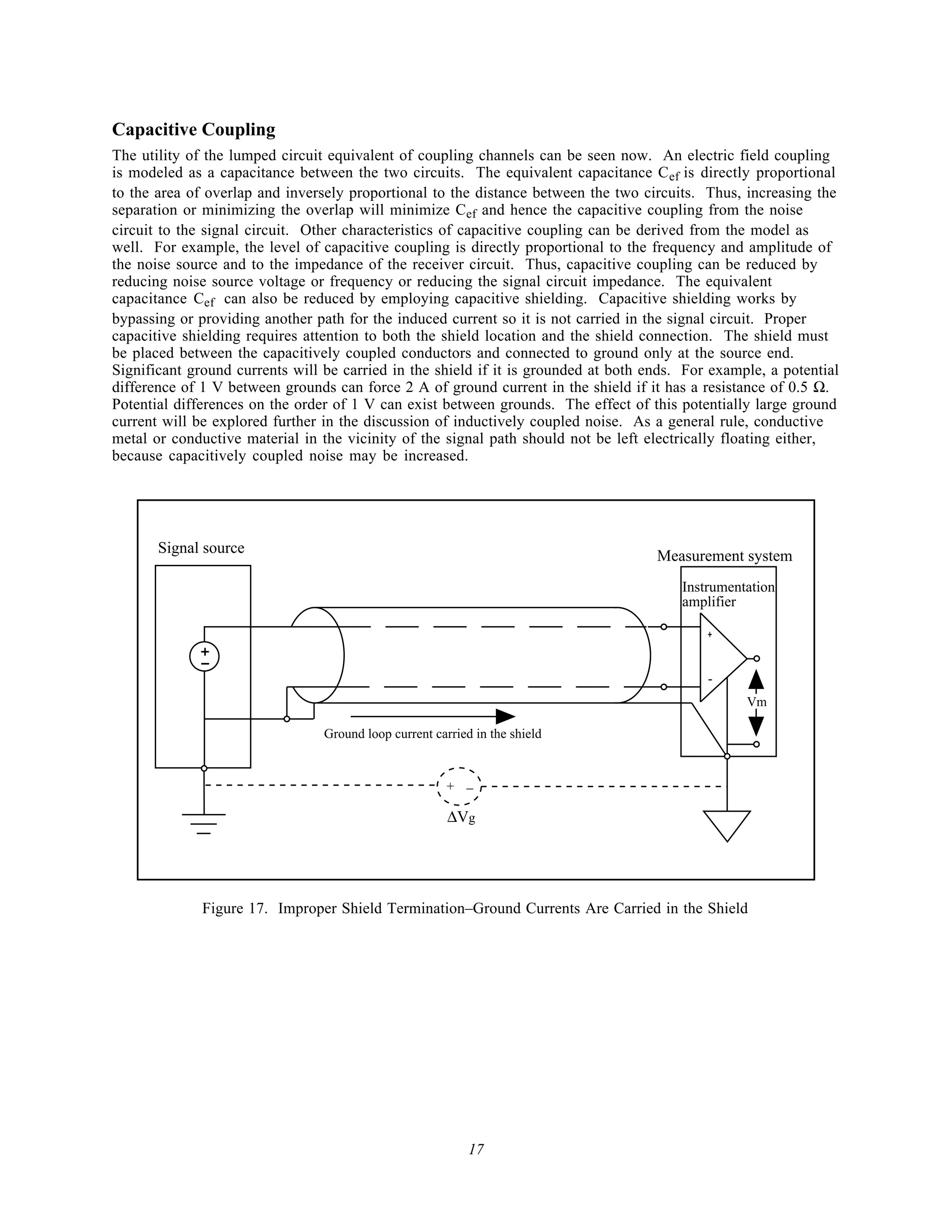 Capacitive Coupling
The utility of the lumped circuit equivalent of coupling channels can be seen now. An electric field coupling
is modeled as a capacitance between the two circuits. The equivalent capacitance C ef is directly proportional
to the area of overlap and inversely proportional to the distance between the two circuits. Thus, increasing the
separation or minimizing the overlap will minimize Cef and hence the capacitive coupling from the noise
circuit to the signal circuit. Other characteristics of capacitive coupling can be derived from the model as
well. For example, the level of capacitive coupling is directly proportional to the frequency and amplitude of
the noise source and to the impedance of the receiver circuit. Thus, capacitive coupling can be reduced by
reducing noise source voltage or frequency or reducing the signal circuit impedance. The equivalent
capacitance Cef can also be reduced by employing capacitive shielding. Capacitive shielding works by
bypassing or providing another path for the induced current so it is not carried in the signal circuit. Proper
capacitive shielding requires attention to both the shield location and the shield connection. The shield must
be placed between the capacitively coupled conductors and connected to ground only at the source end.
Significant ground currents will be carried in the shield if it is grounded at both ends. For example, a potential
difference of 1 V between grounds can force 2 A of ground current in the shield if it has a resistance of 0.5 Ω.
Potential differences on the order of 1 V can exist between grounds. The effect of this potentially large ground
current will be explored further in the discussion of inductively coupled noise. As a general rule, conductive
metal or conductive material in the vicinity of the signal path should not be left electrically floating either,
because capacitively coupled noise may be increased.




       Signal source                                                                 Measurement system
                                                                                         Instrumentation
                                                                                         amplifier

                                                                                             +
             +
             -
                                                                                             -
                                                                                                   Vm

                                 Ground loop current carried in the shield


                                                        + _

                                                        ∆Vg




              Figure 17. Improper Shield Termination–Ground Currents Are Carried in the Shield




                                                            17
 