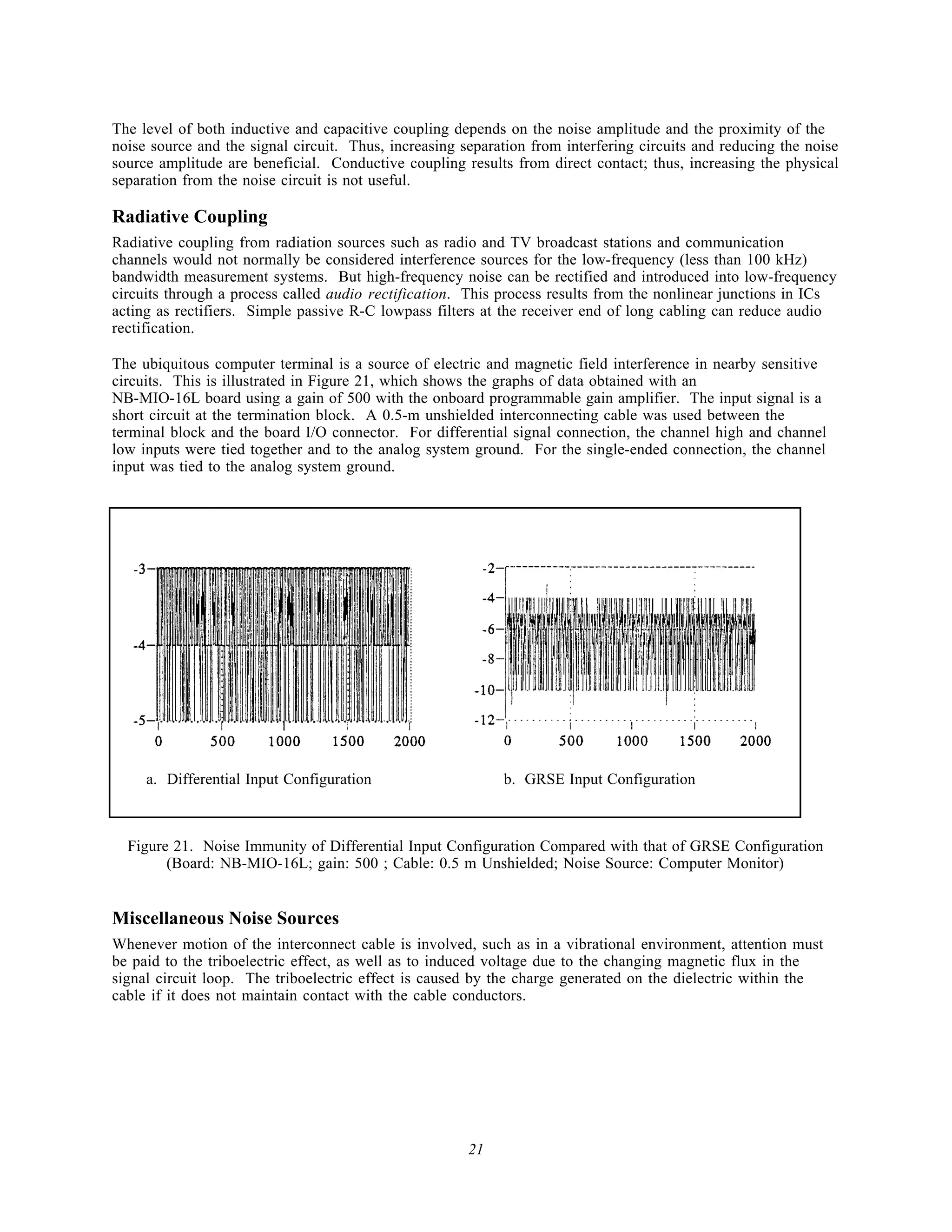 The level of both inductive and capacitive coupling depends on the noise amplitude and the proximity of the
noise source and the signal circuit. Thus, increasing separation from interfering circuits and reducing the noise
source amplitude are beneficial. Conductive coupling results from direct contact; thus, increasing the physical
separation from the noise circuit is not useful.

Radiative Coupling
Radiative coupling from radiation sources such as radio and TV broadcast stations and communication
channels would not normally be considered interference sources for the low-frequency (less than 100 kHz)
bandwidth measurement systems. But high-frequency noise can be rectified and introduced into low-frequency
circuits through a process called audio rectification. This process results from the nonlinear junctions in ICs
acting as rectifiers. Simple passive R-C lowpass filters at the receiver end of long cabling can reduce audio
rectification.

The ubiquitous computer terminal is a source of electric and magnetic field interference in nearby sensitive
circuits. This is illustrated in Figure 21, which shows the graphs of data obtained with an
NB-MIO-16L board using a gain of 500 with the onboard programmable gain amplifier. The input signal is a
short circuit at the termination block. A 0.5-m unshielded interconnecting cable was used between the
terminal block and the board I/O connector. For differential signal connection, the channel high and channel
low inputs were tied together and to the analog system ground. For the single-ended connection, the channel
input was tied to the analog system ground.




     a. Differential Input Configuration                    b. GRSE Input Configuration



  Figure 21. Noise Immunity of Differential Input Configuration Compared with that of GRSE Configuration
        (Board: NB-MIO-16L; gain: 500 ; Cable: 0.5 m Unshielded; Noise Source: Computer Monitor)


Miscellaneous Noise Sources
Whenever motion of the interconnect cable is involved, such as in a vibrational environment, attention must
be paid to the triboelectric effect, as well as to induced voltage due to the changing magnetic flux in the
signal circuit loop. The triboelectric effect is caused by the charge generated on the dielectric within the
cable if it does not maintain contact with the cable conductors.




                                                       21
 
