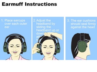 Earmuff Instructions
1. Place earcups
over each outer
ear
2.Adjust the
headband by
sliding the
headband up or
down at the
attachment
buttons
3. The ear cushions
should seal firmly
against the head
 