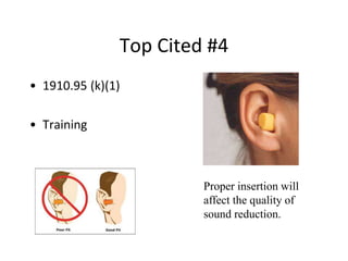 Top Cited #4
• 1910.95 (k)(1)
• Training
Proper insertion will
affect the quality of
sound reduction.
 