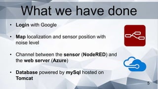 5
• Login with Google
• Map localization and sensor position with
noise level
• Channel between the sensor (NodeRED) and
the web server (Azure)
• Database powered by mySql hosted on
Tomcat
What we have done
 