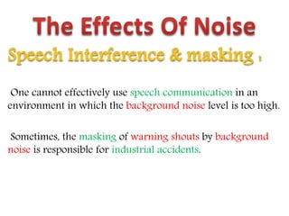 Speech Interference & masking :
One cannot effectively use speech communication in an
environment in which the background noise level is too high.
Sometimes, the masking of warning shouts by background
noise is responsible for industrial accidents.
 