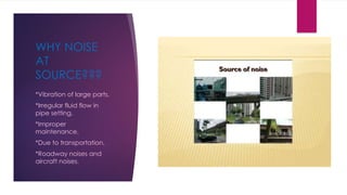 WHY NOISE
AT
SOURCE???
*Vibration of large parts.
*Irregular fluid flow in
pipe setting.
*Improper
maintenance.
*Due to transportation.
*Roadway noises and
aircraft noises.
 
