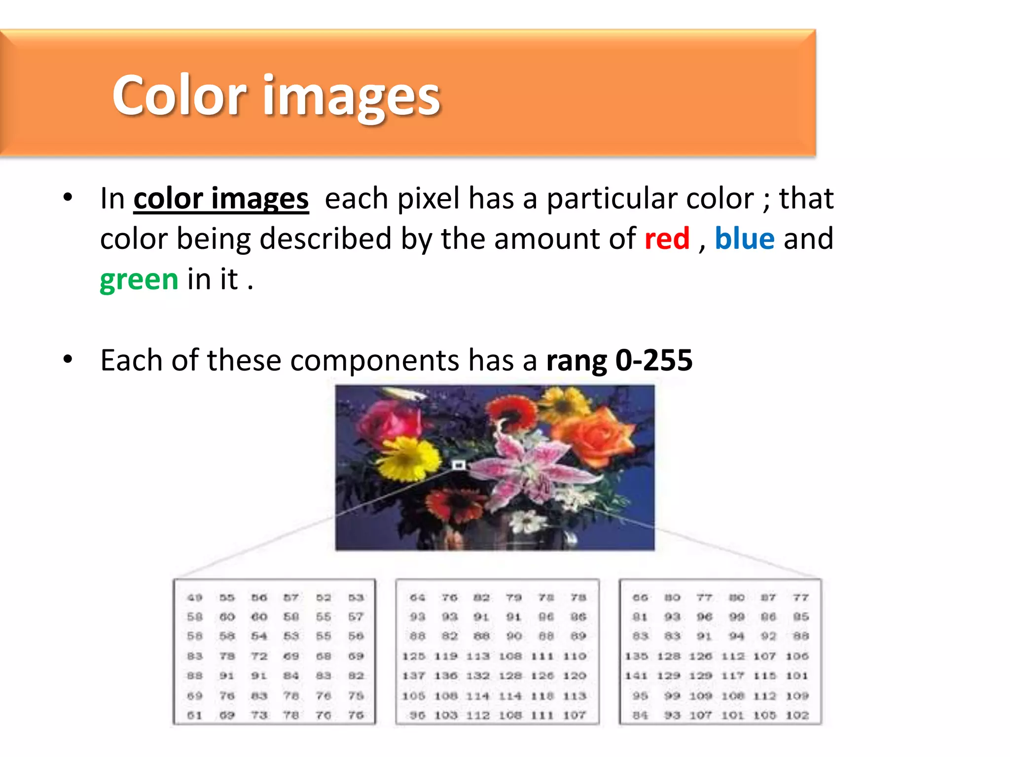 Color images
• In color images each pixel has a particular color ; that
color being described by the amount of red , blue and
green in it .
• Each of these components has a rang 0-255

 